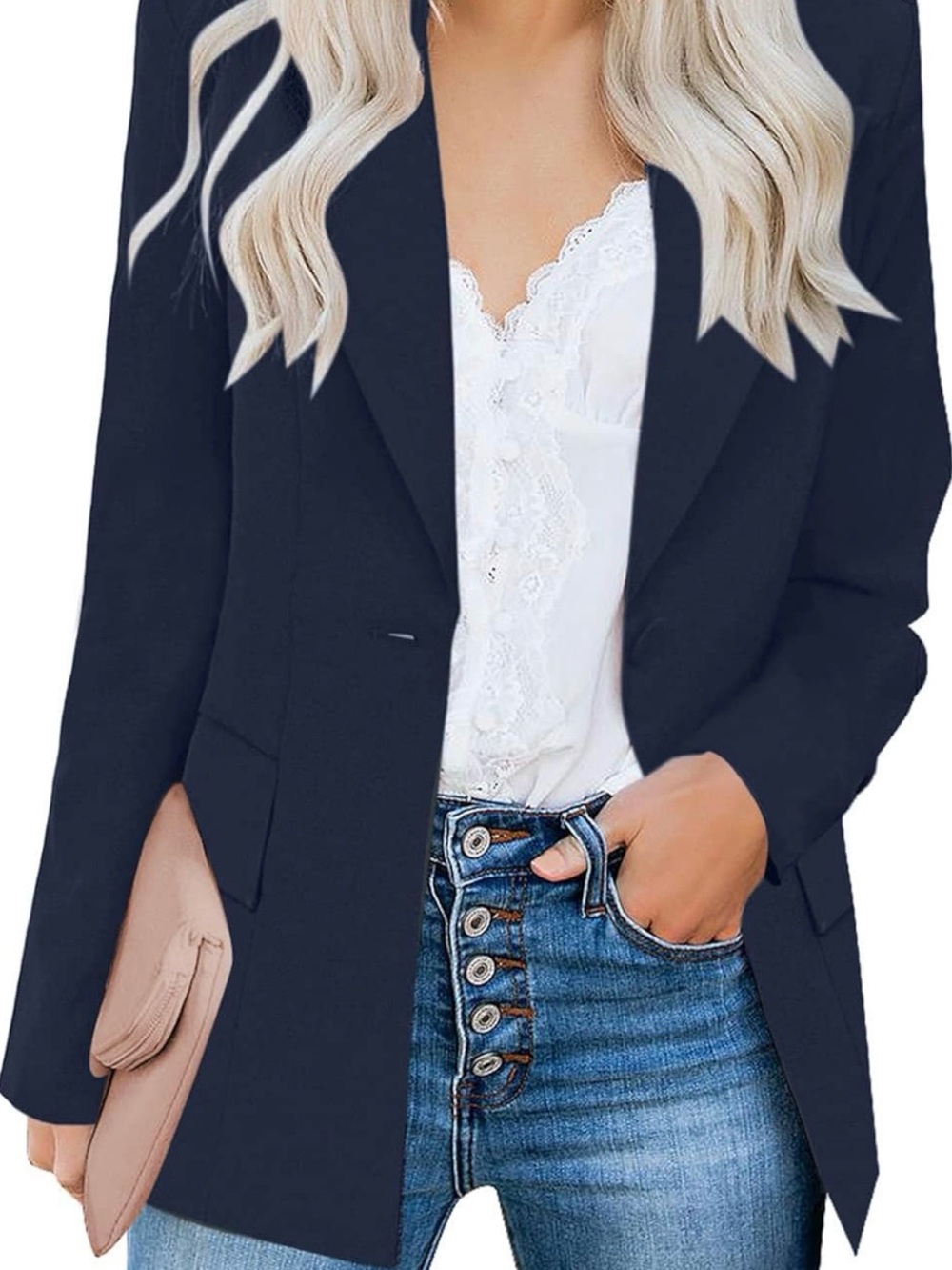 Women's Navy Single-Button Tailored Blazer